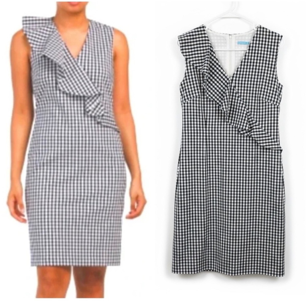 J.McLaughlin Navy Gingham Ruffle Sheath Dress Size‎ 12